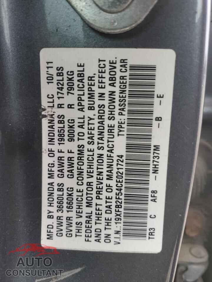 HONDA CIVIC 2012 - 19XFB2F54CE021724