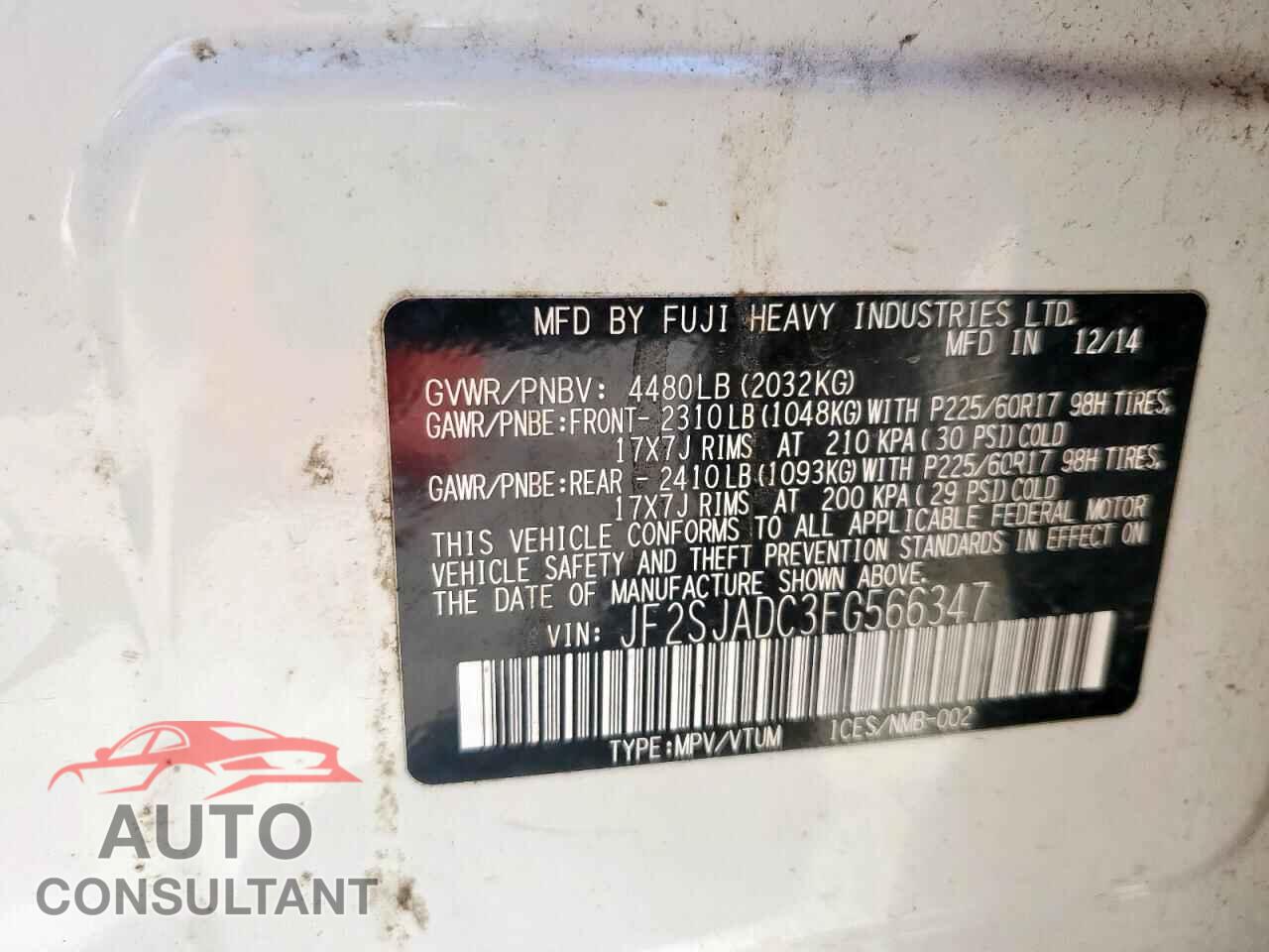 SUBARU FORESTER 2015 - JF2SJADC3FG566347