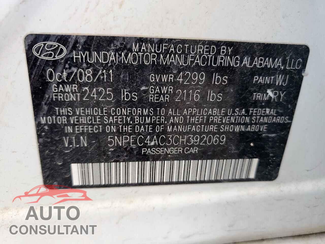 HYUNDAI SONATA 2012 - 5NPEC4AC3CH392069
