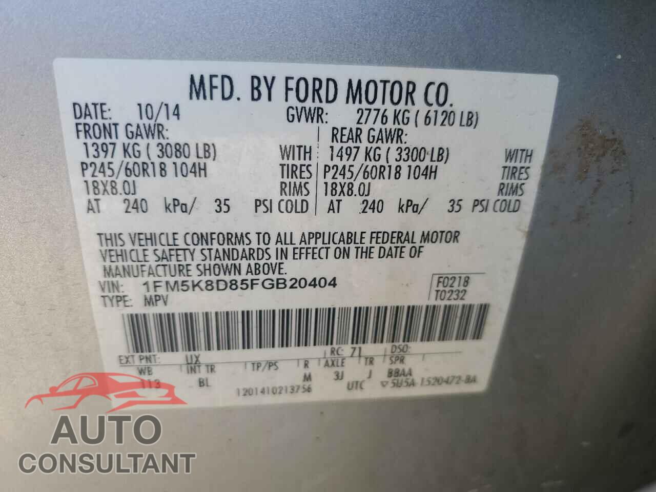 FORD EXPLORER 2015 - 1FM5K8D85FGB20404
