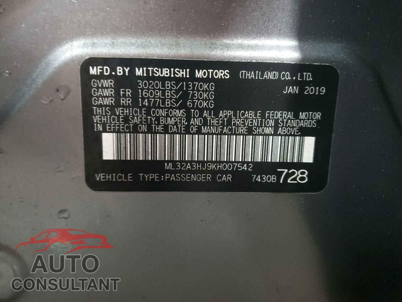 MITSUBISHI MIRAGE 2019 - ML32A3HJ9KH007542