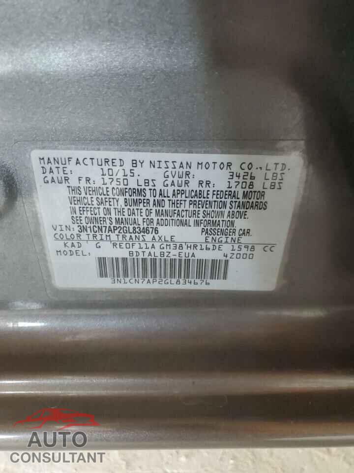 NISSAN VERSA 2016 - 3N1CN7AP2GL834676