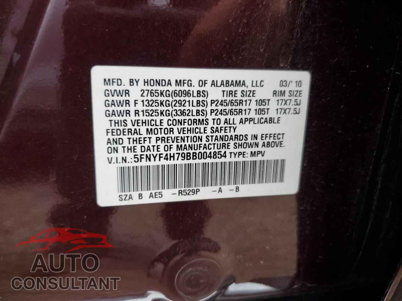 HONDA PILOT 2011 - 5FNYF4H79BB004854