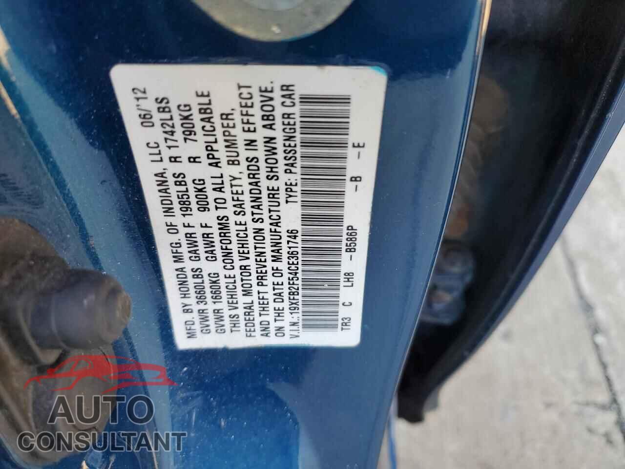 HONDA CIVIC 2012 - 19XFB2F54CE361746