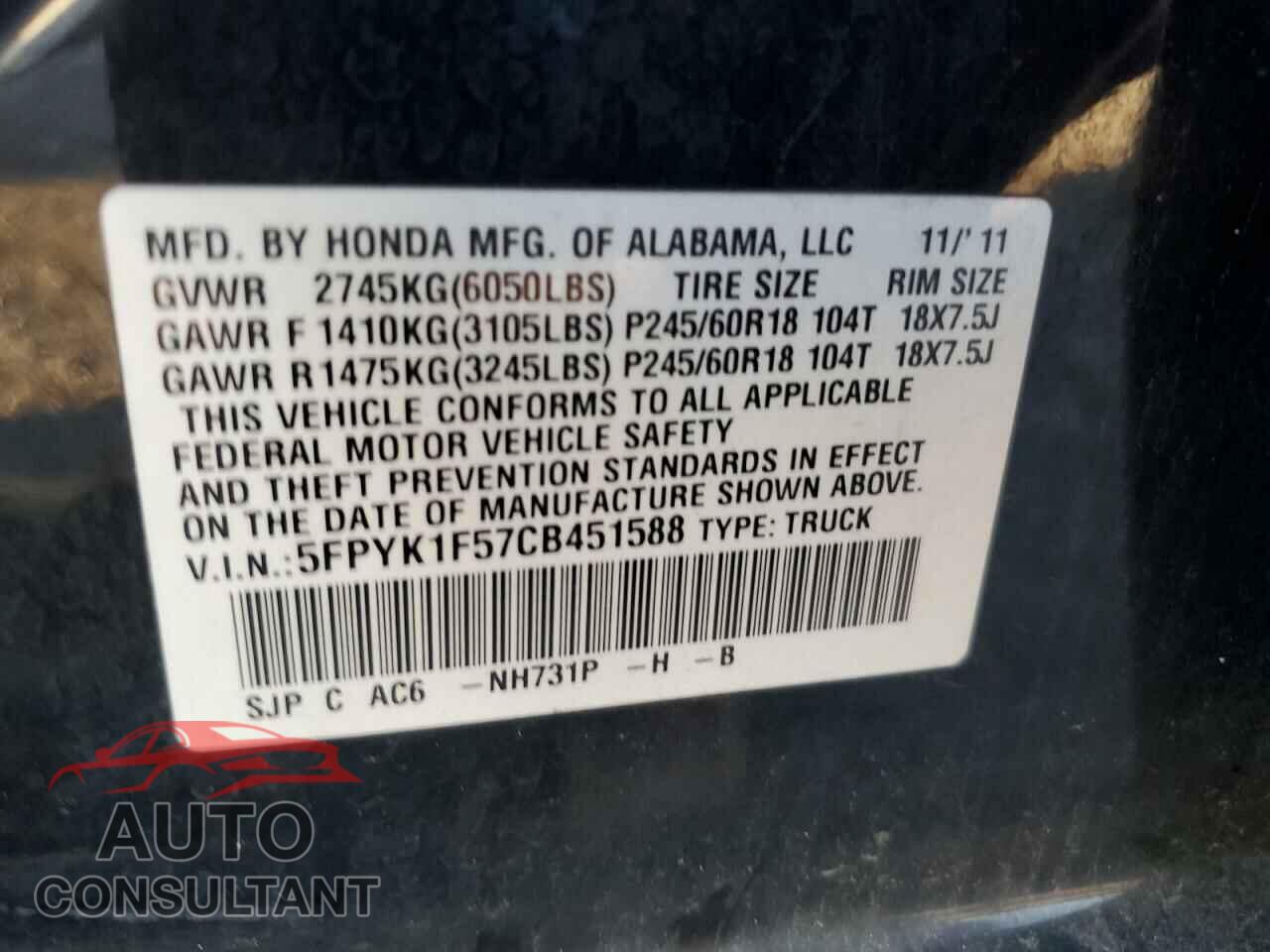 HONDA RIDGELINE 2012 - 5FPYK1F57CB451588
