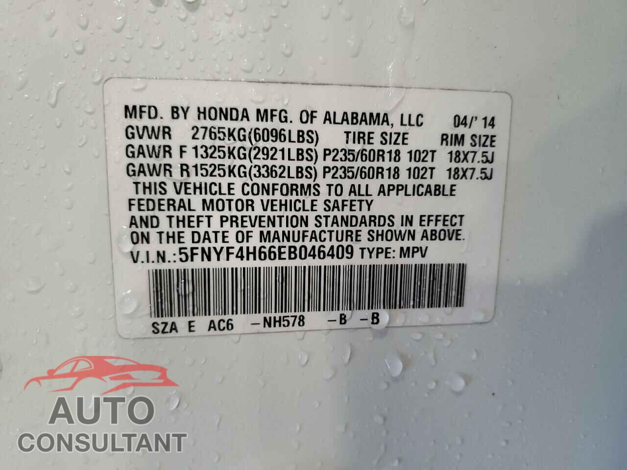 HONDA PILOT 2014 - 5FNYF4H66EB046409
