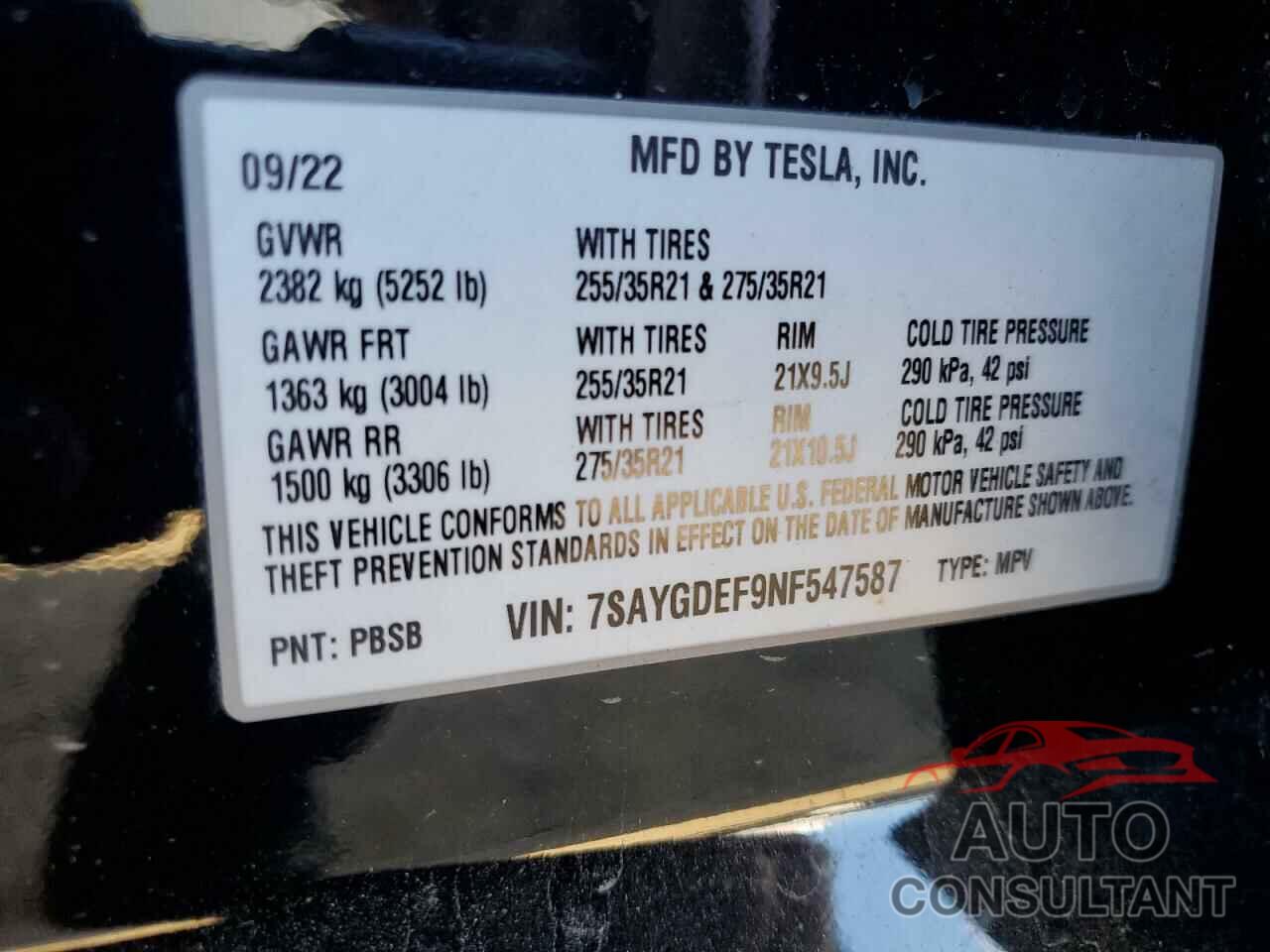 TESLA MODEL Y 2022 - 7SAYGDEF9NF547587
