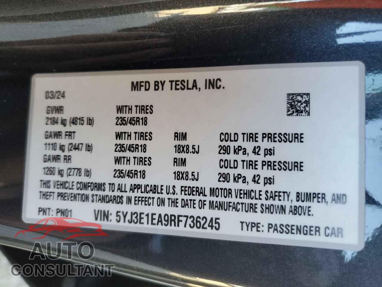TESLA MODEL 3 2024 - 5YJ3E1EA9RF736245