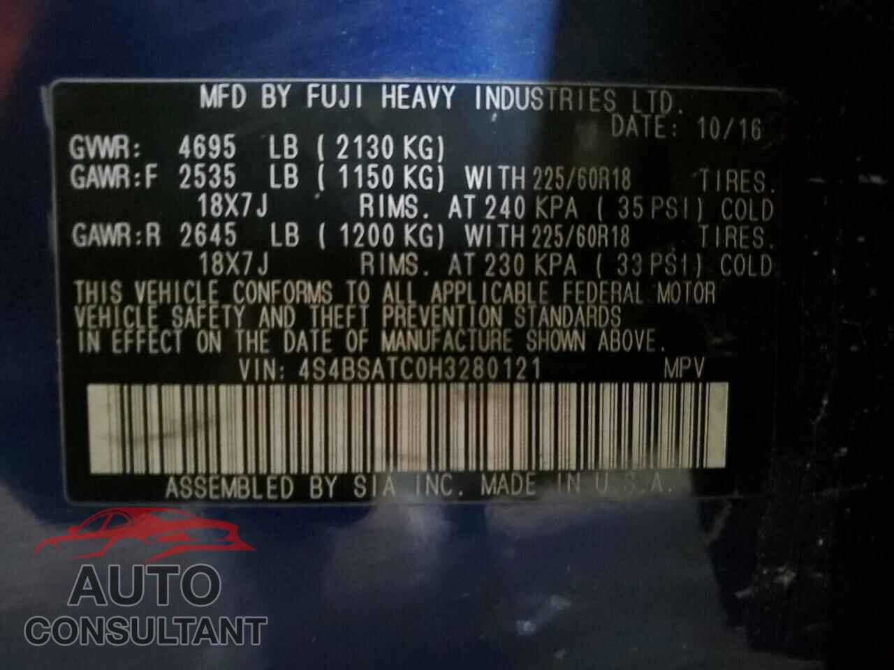 SUBARU OUTBACK 2017 - 4S4BSATC0H3280121