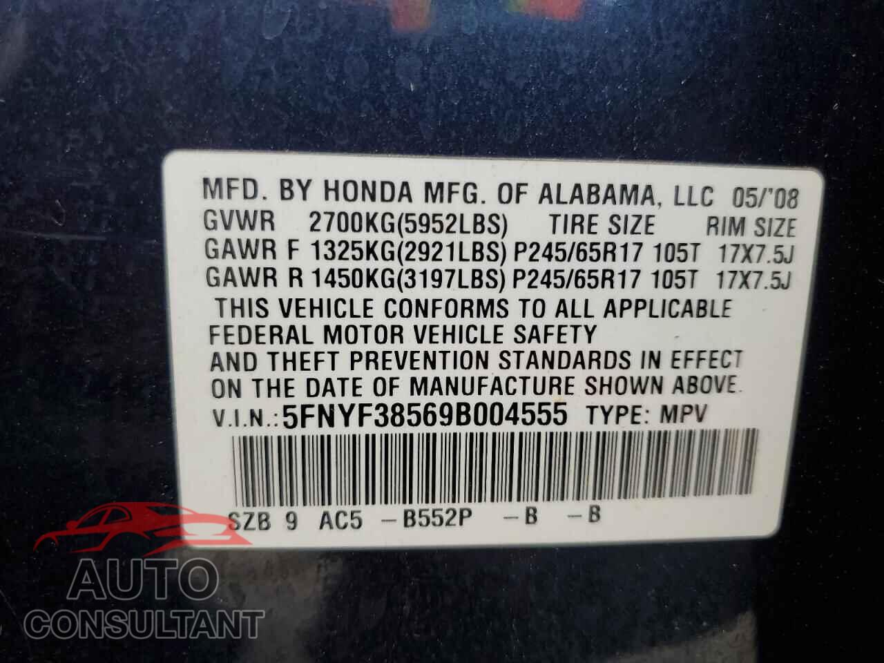 HONDA PILOT 2009 - 5FNYF38569B004555
