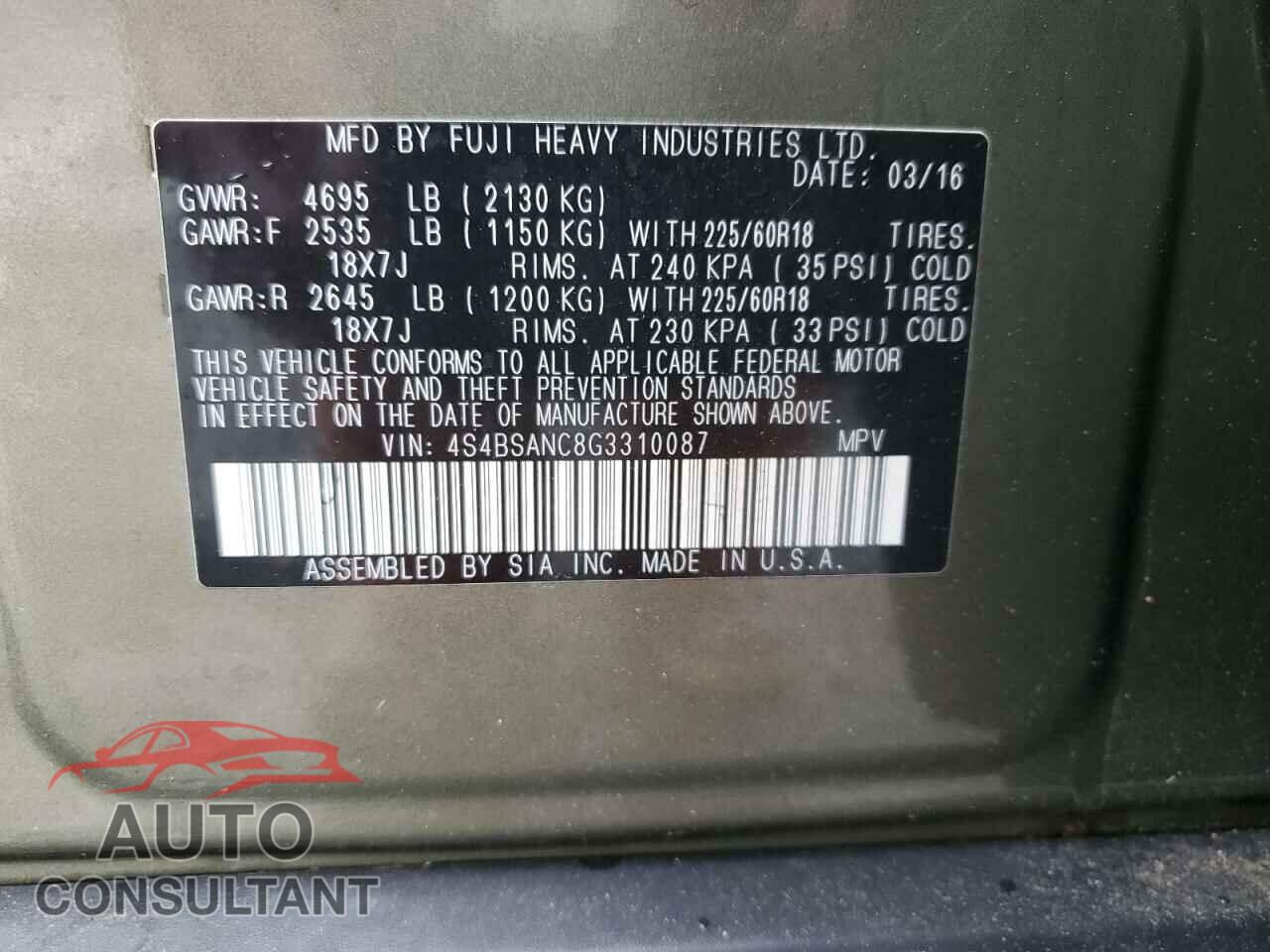 SUBARU OUTBACK 2016 - 4S4BSANC8G3310087