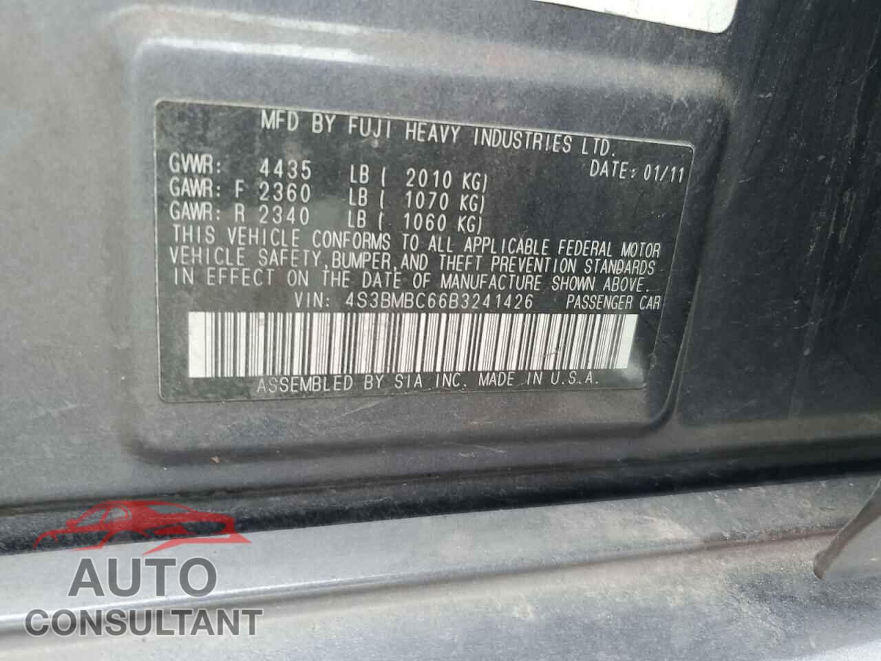 SUBARU LEGACY 2011 - 4S3BMBC66B3241426