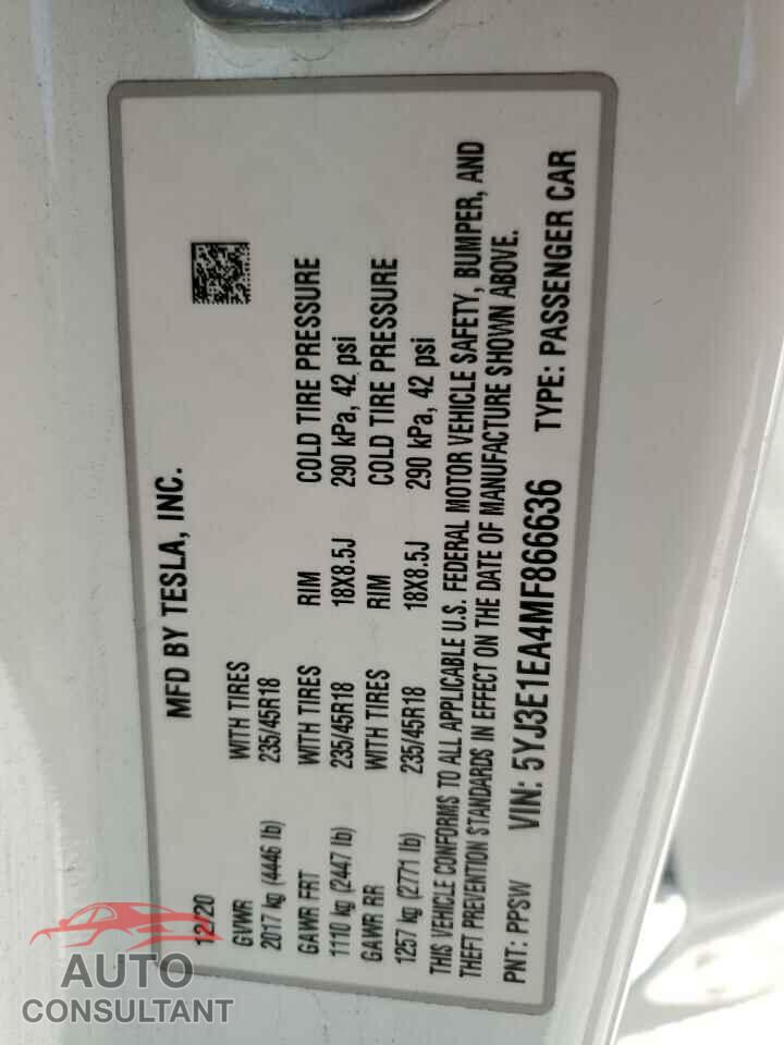TESLA MODEL 3 2021 - 5YJ3E1EA4MF866636