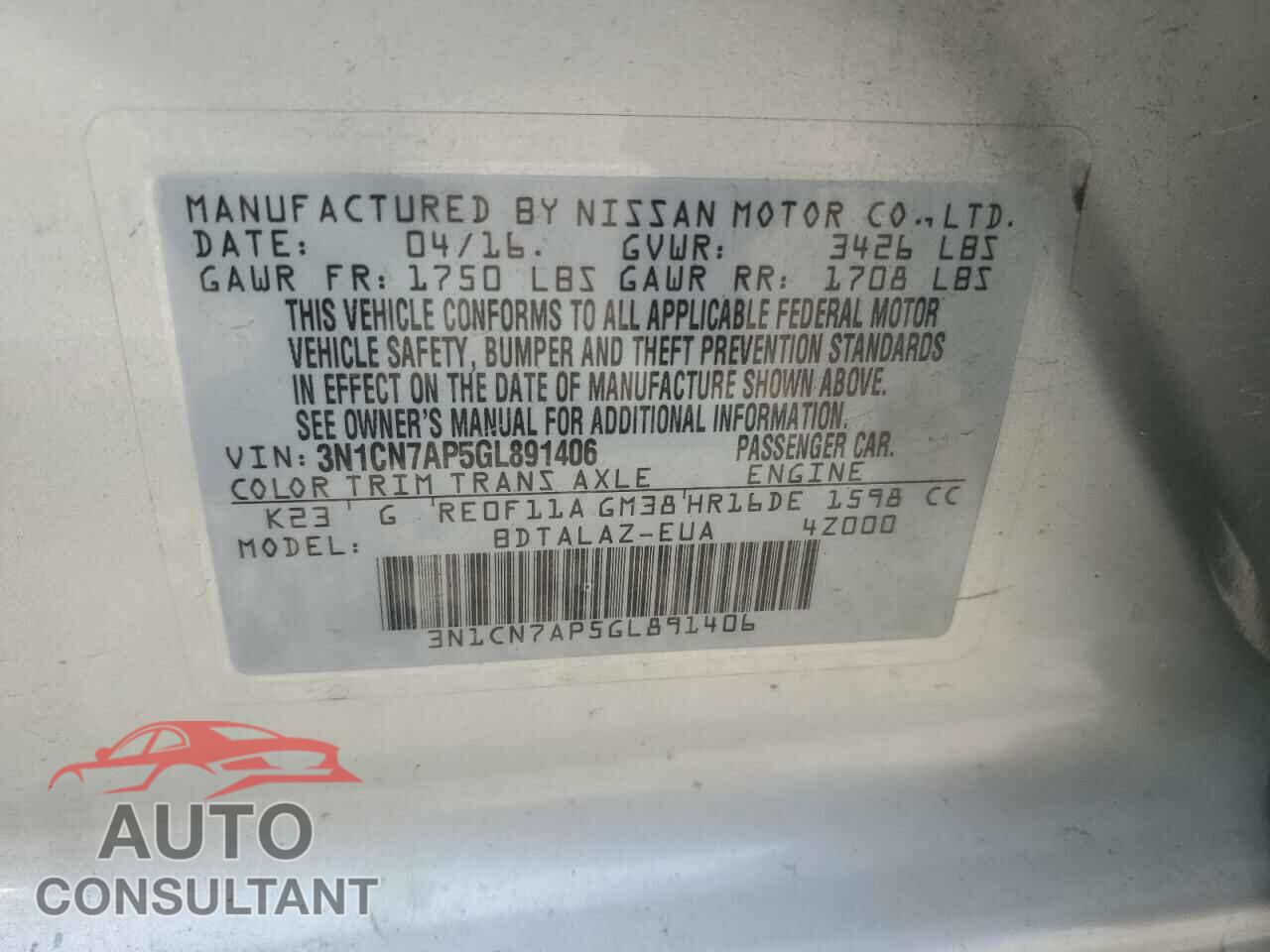NISSAN VERSA 2016 - 3N1CN7AP5GL891406