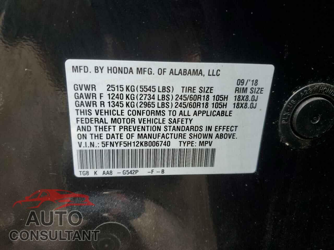 HONDA PILOT 2019 - 5FNYF5H12KB006740