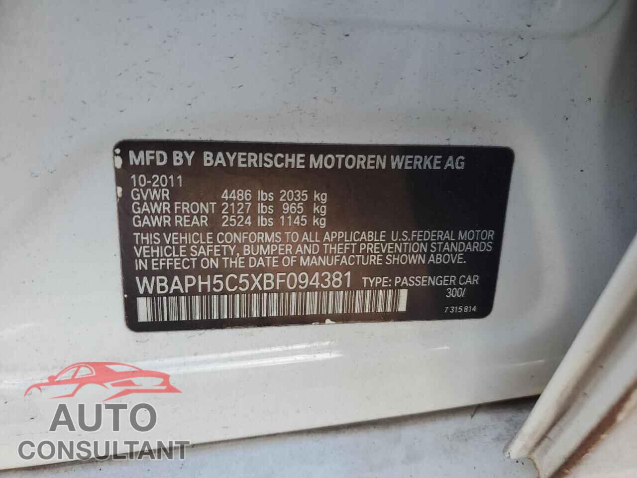 BMW 3 SERIES 2011 - WBAPH5C5XBF094381