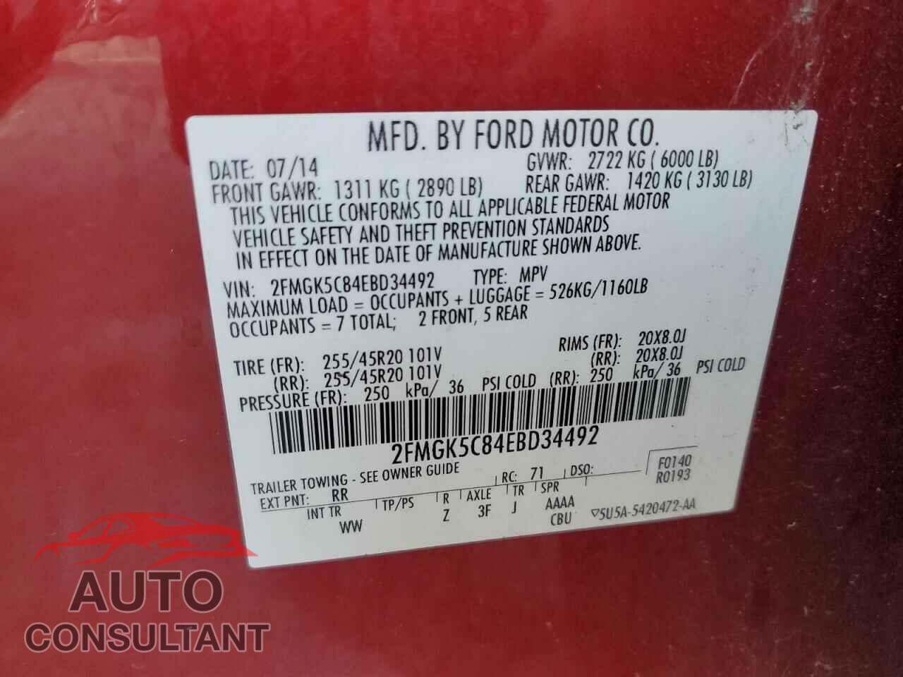 FORD FLEX 2014 - 2FMGK5C84EBD34492