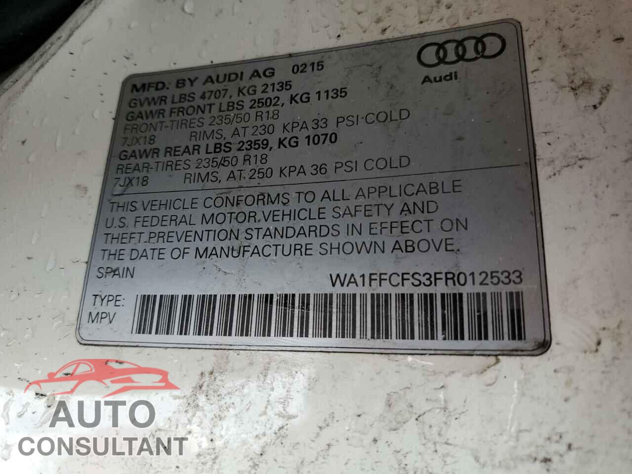 AUDI Q3 2015 - WA1FFCFS3FR012533