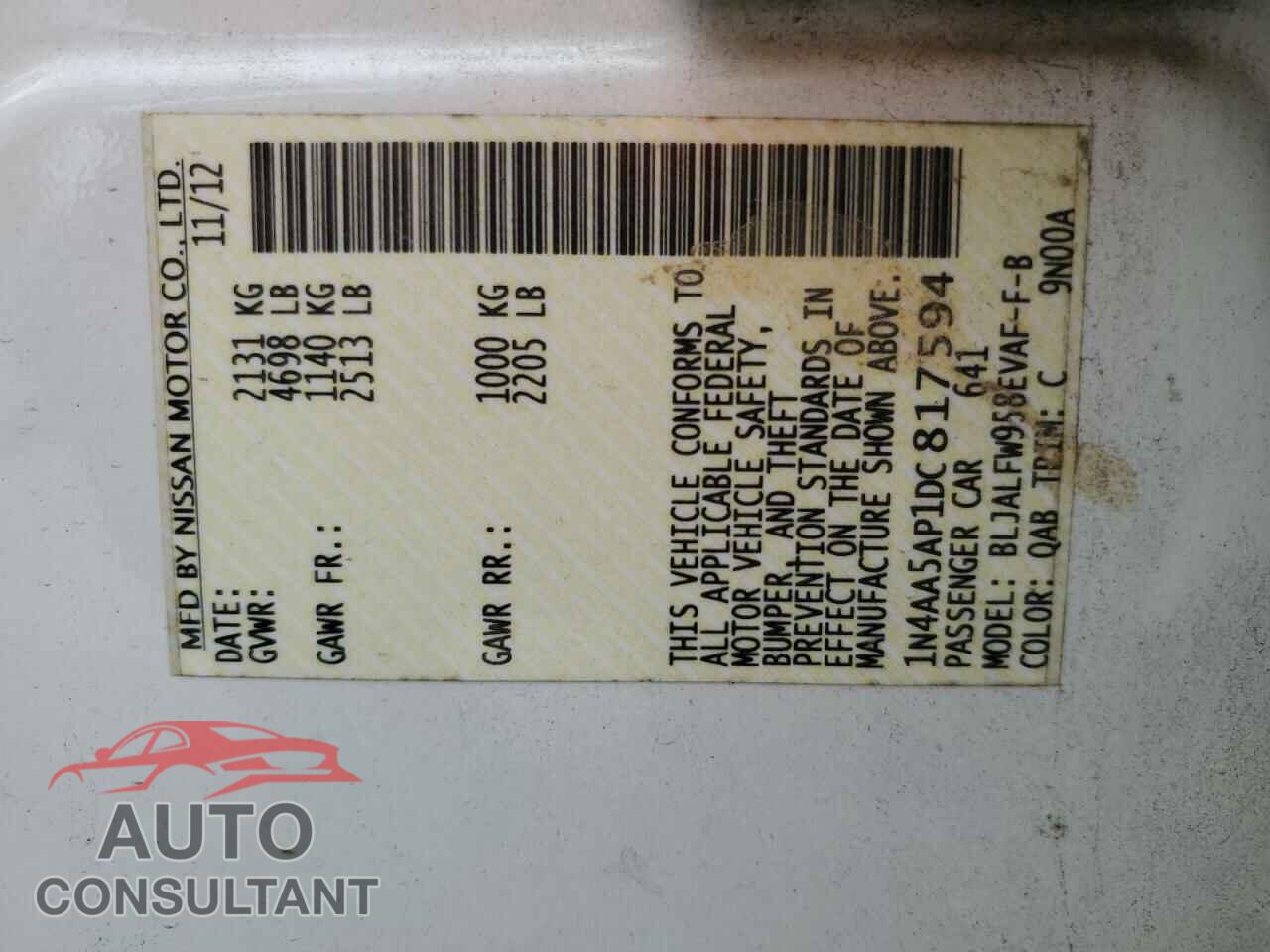 NISSAN MAXIMA 2013 - 1N4AA5AP1DC817594