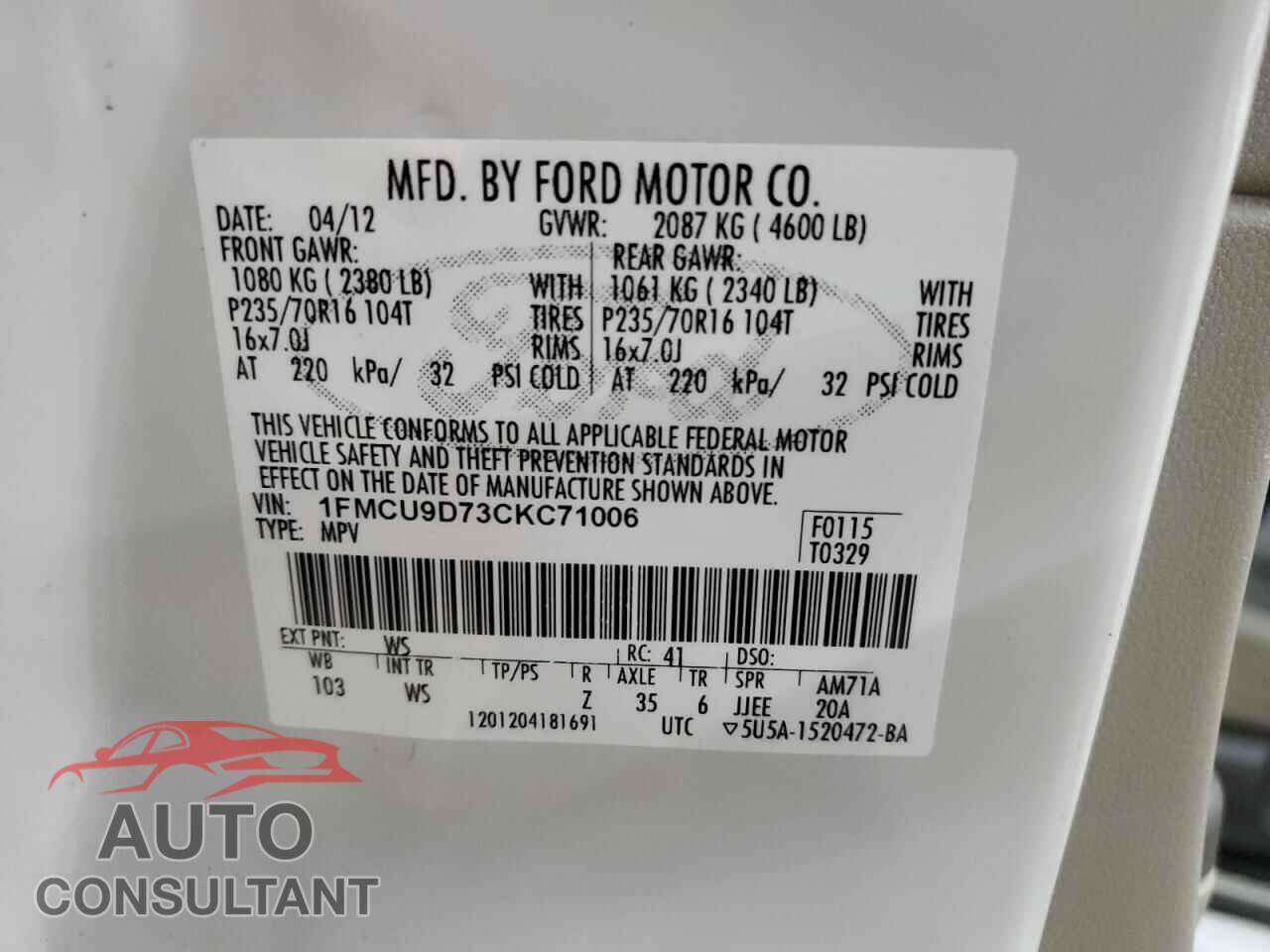 FORD ESCAPE 2012 - 1FMCU9D73CKC71006