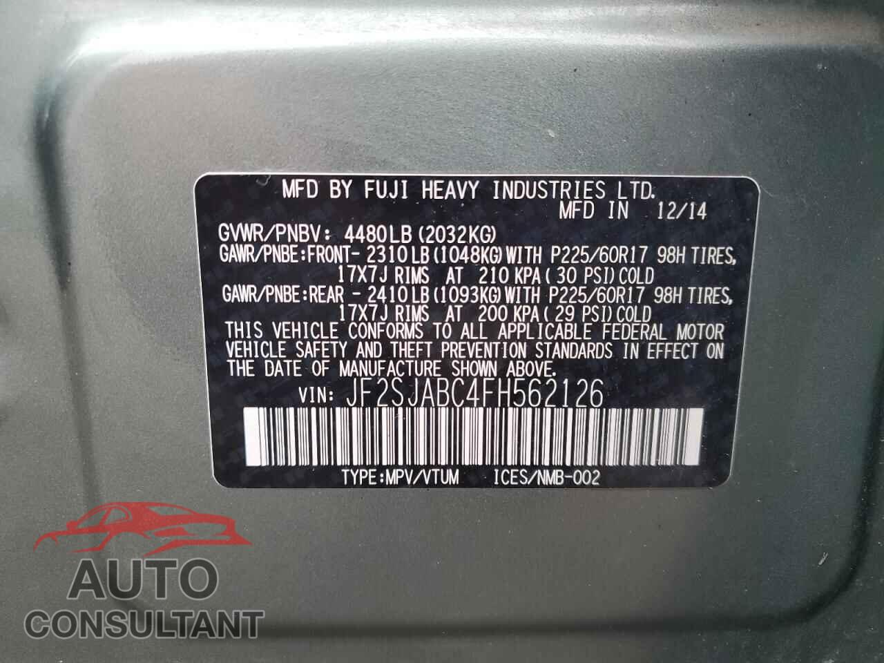 SUBARU FORESTER 2015 - JF2SJABC4FH562126