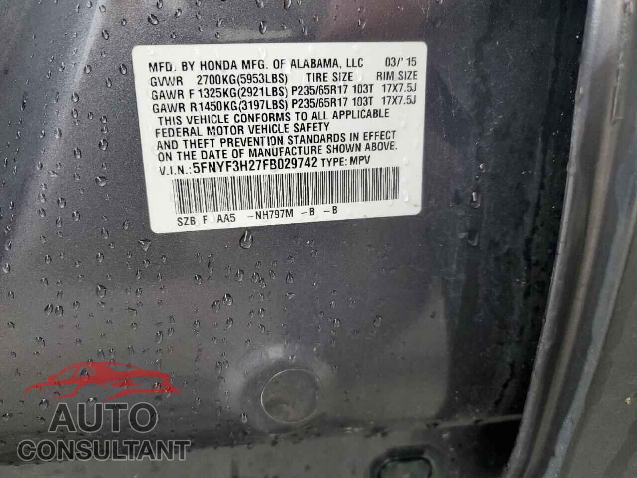 HONDA PILOT 2015 - 5FNYF3H27FB029742