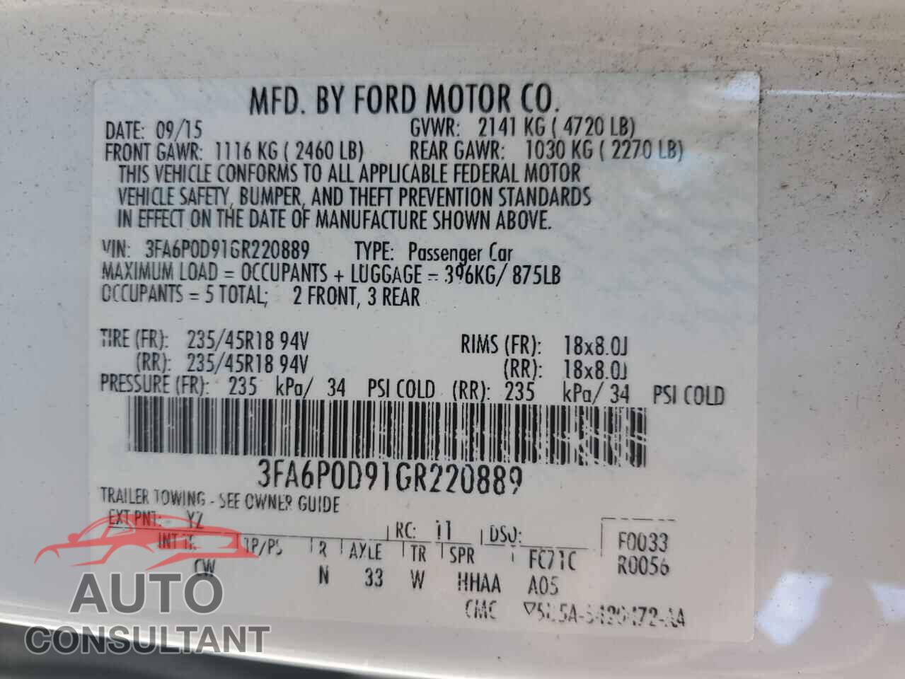 FORD FUSION 2016 - 3FA6P0D91GR220889
