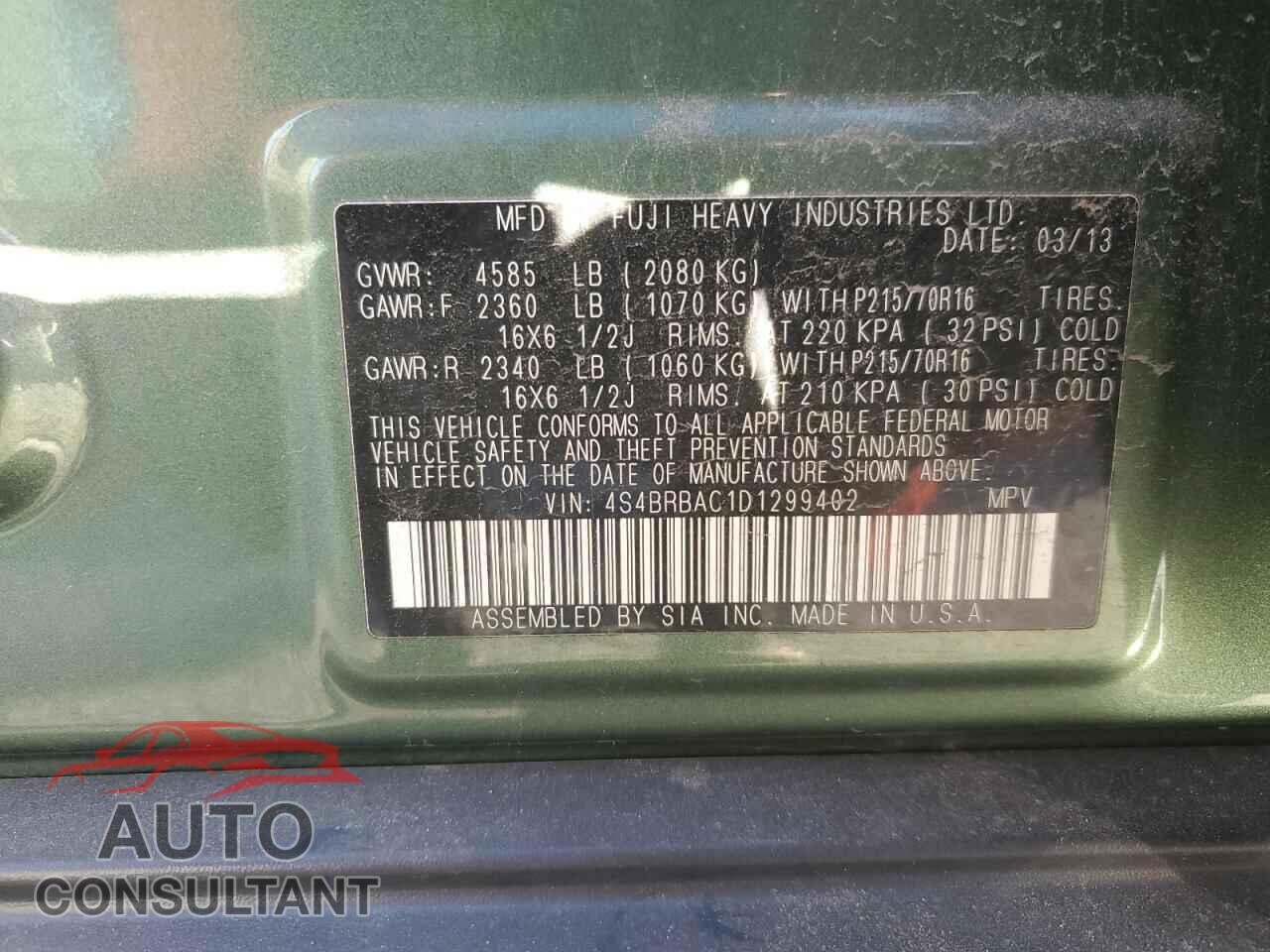 SUBARU OUTBACK 2013 - 4S4BRBAC1D1299402