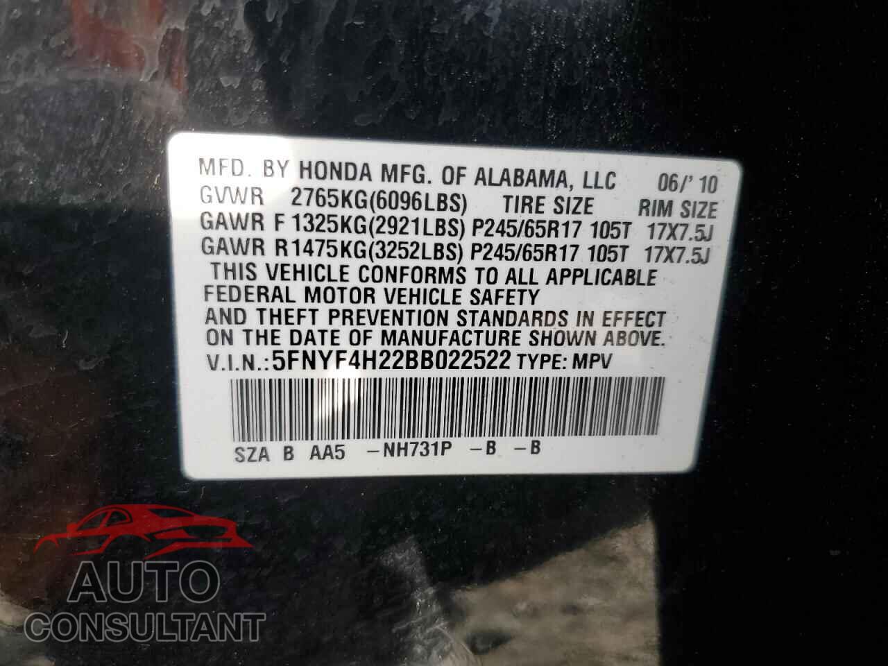 HONDA PILOT 2011 - 5FNYF4H22BB022522