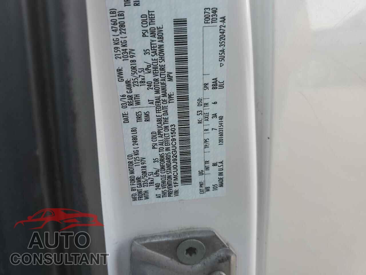 FORD ESCAPE 2016 - 1FMCU0J92GUC91503
