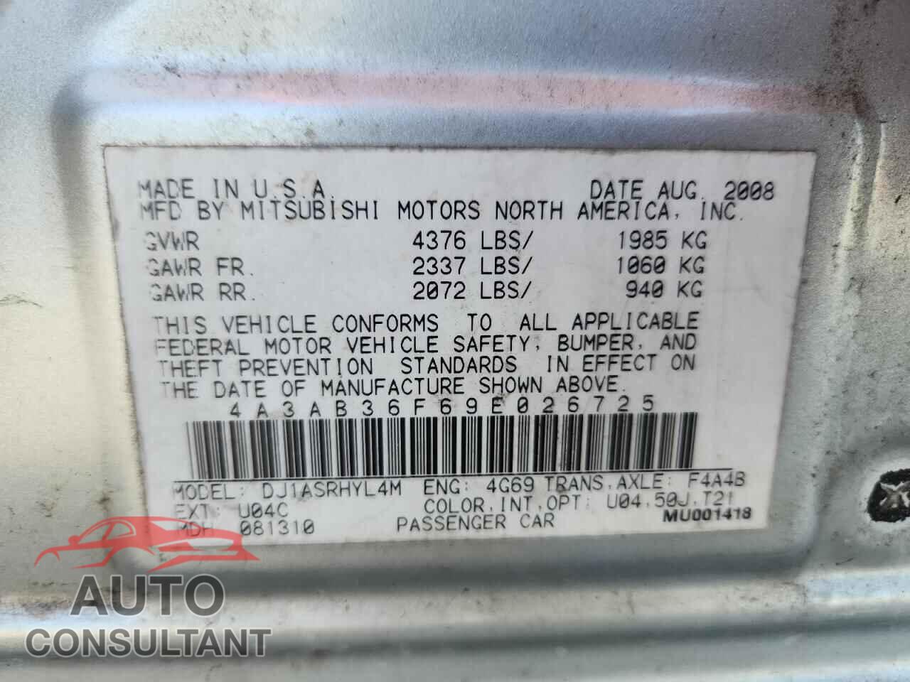 MITSUBISHI GALANT 2009 - 4A3AB36F69E026725