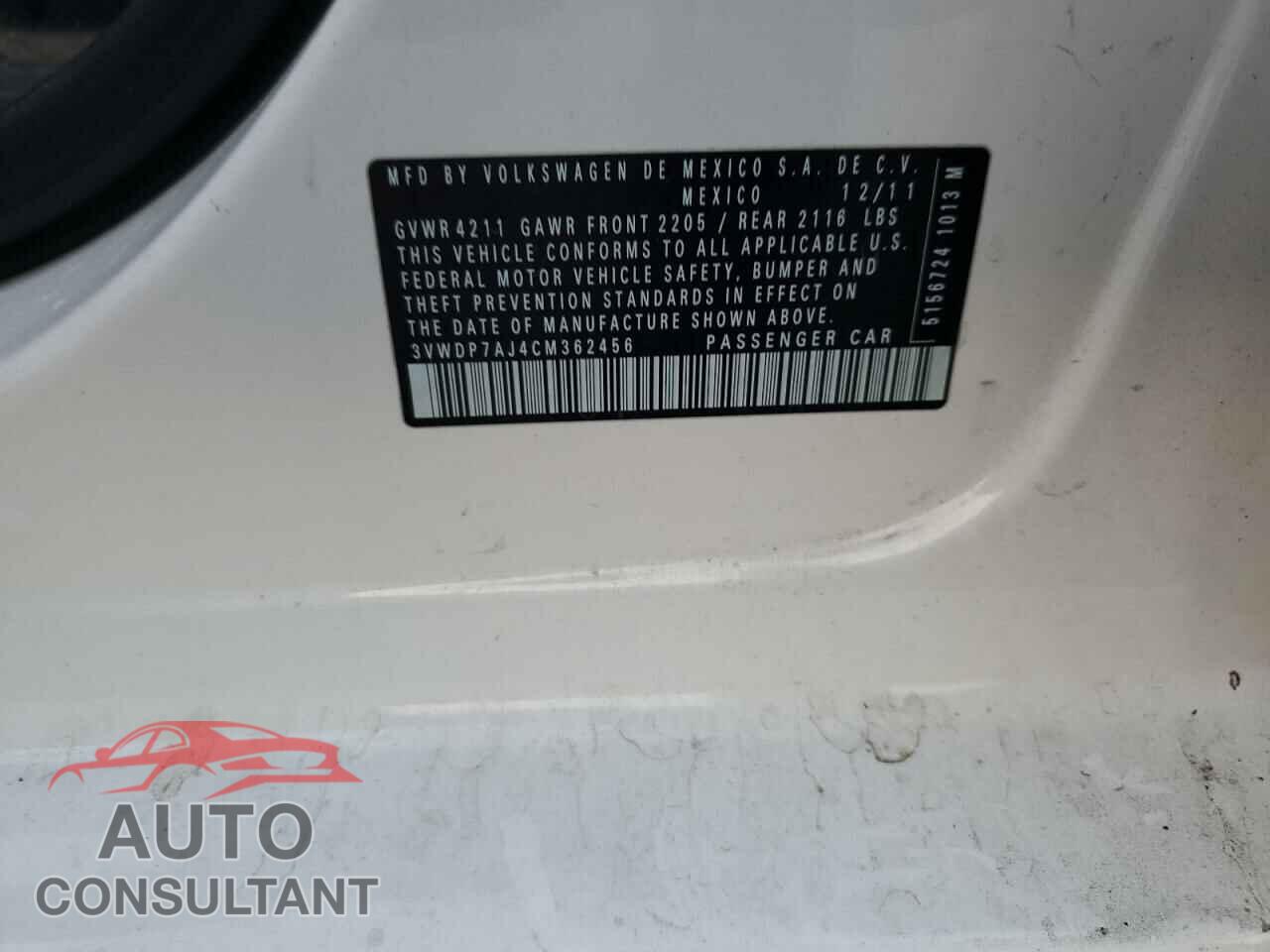 VOLKSWAGEN JETTA 2012 - 3VWDP7AJ4CM362456
