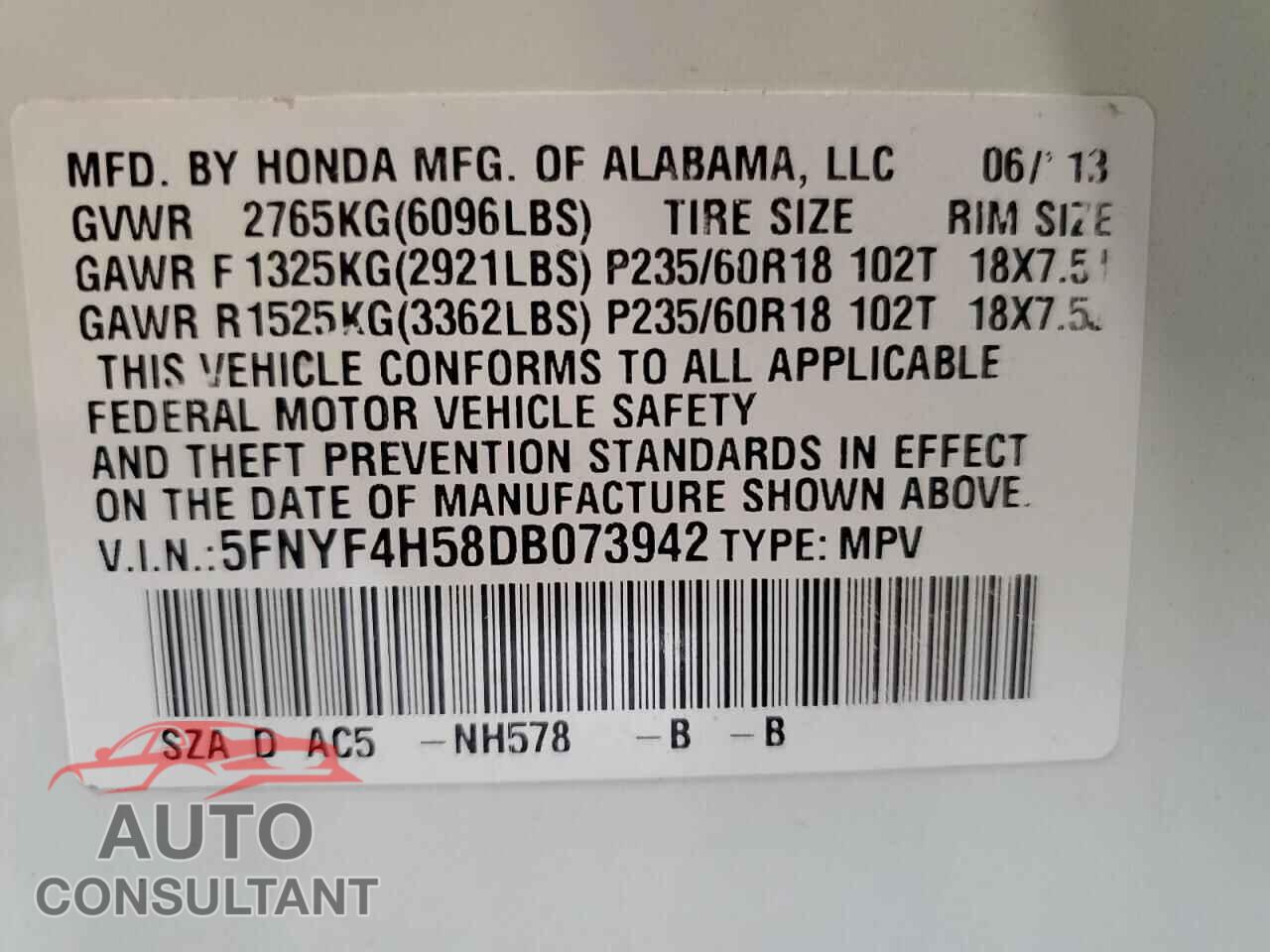 HONDA PILOT 2013 - 5FNYF4H58DB073942