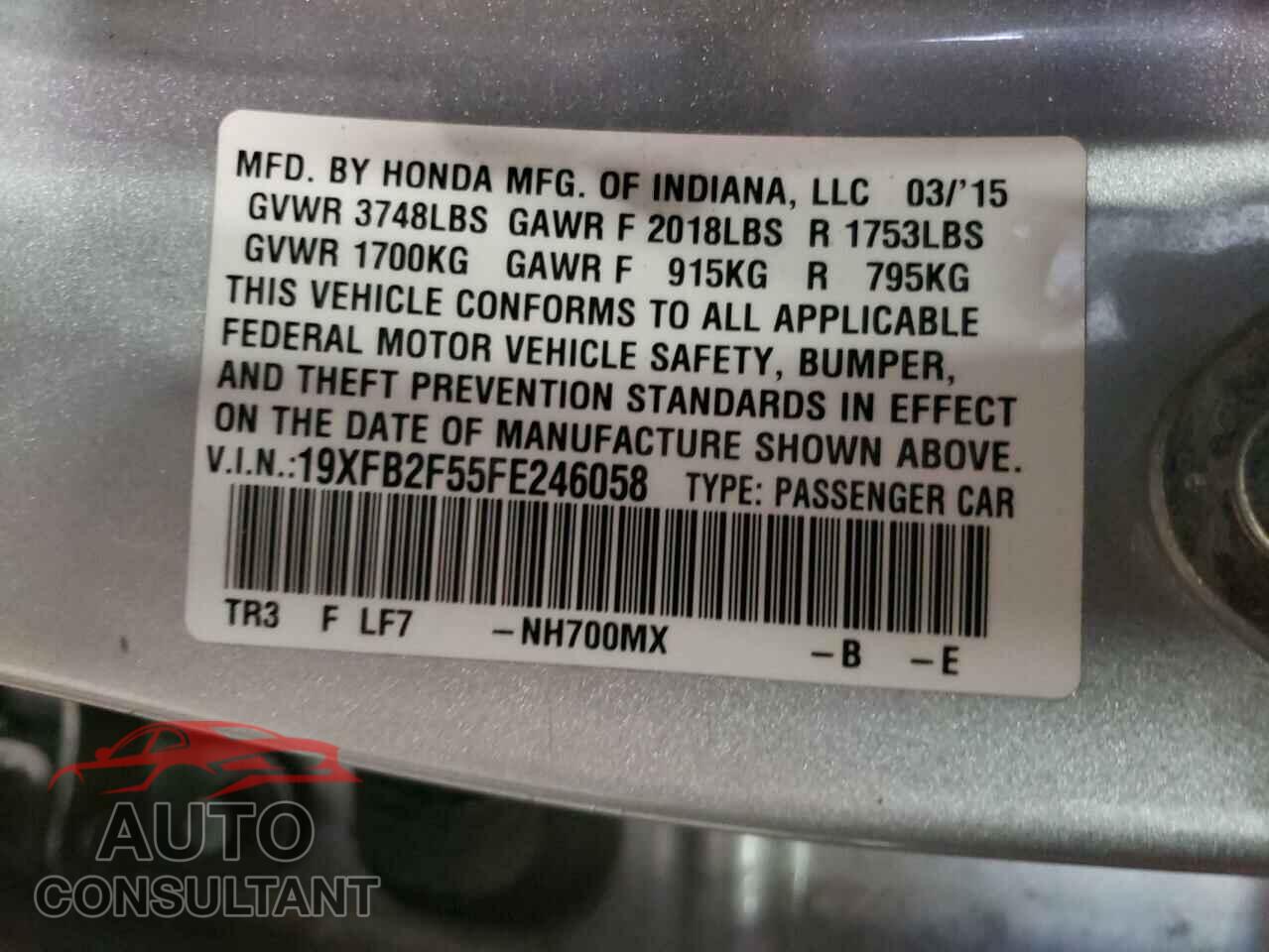HONDA CIVIC 2015 - 19XFB2F55FE246058