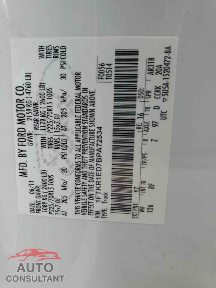 FORD RANGER 2011 - 1FTKR1ED7BPA72534