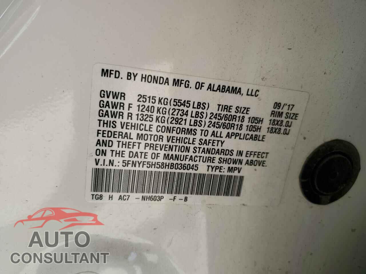 HONDA PILOT 2017 - 5FNYF5H58HB036045