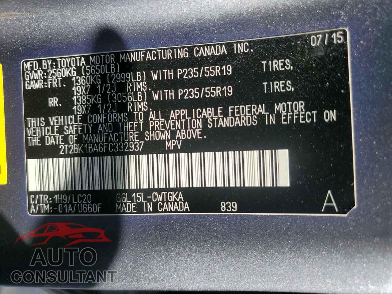 LEXUS RX350 2015 - 2T2BK1BA6FC332937