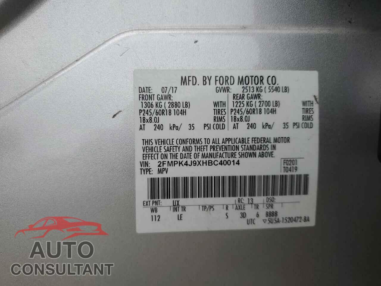 FORD EDGE 2017 - 2FMPK4J9XHBC40014