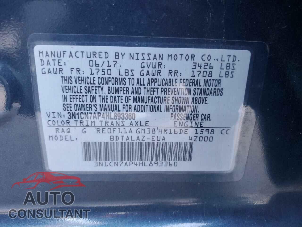 NISSAN VERSA 2017 - 3N1CN7AP4HL893360