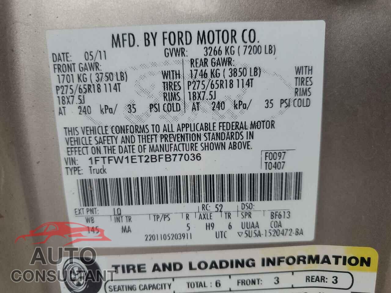 FORD F-150 2011 - 1FTFW1ET2BFB77036