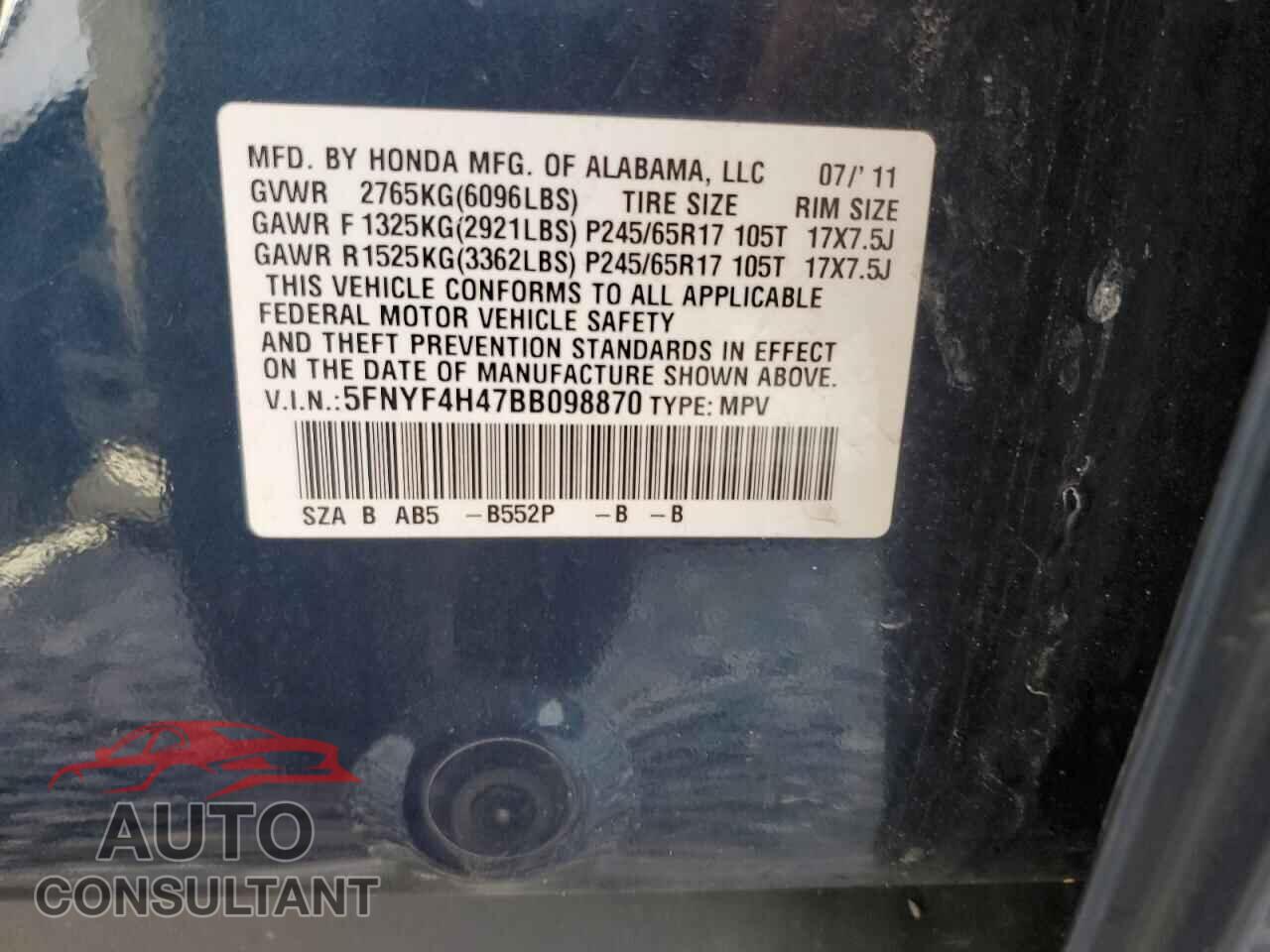 HONDA PILOT 2011 - 5FNYF4H47BB098870
