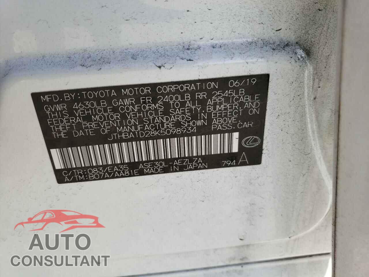 LEXUS IS 2019 - JTHBA1D28K5098934