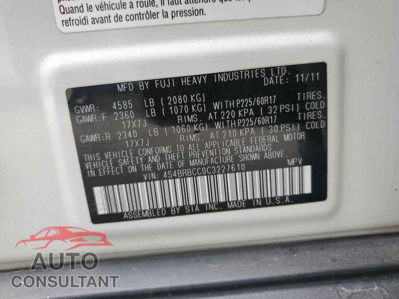 SUBARU OUTBACK 2012 - 4S4BRBCC0C3227610