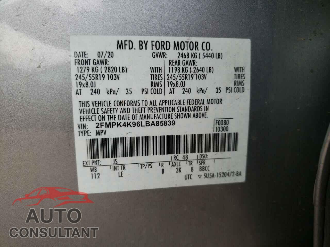 FORD EDGE 2020 - 2FMPK4K96LBA85839