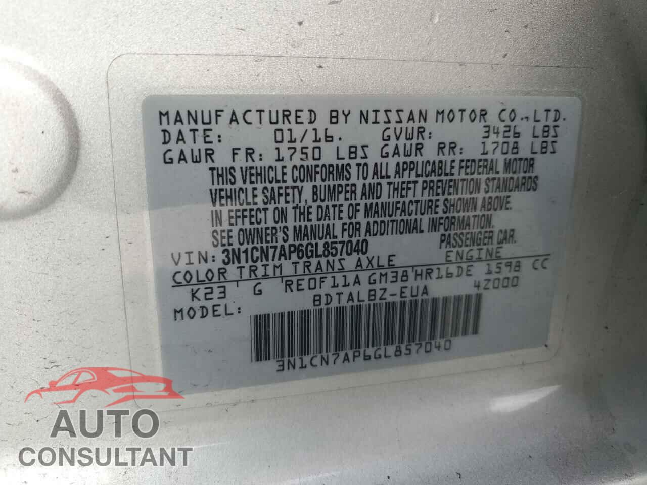 NISSAN VERSA 2016 - 3N1CN7AP6GL857040