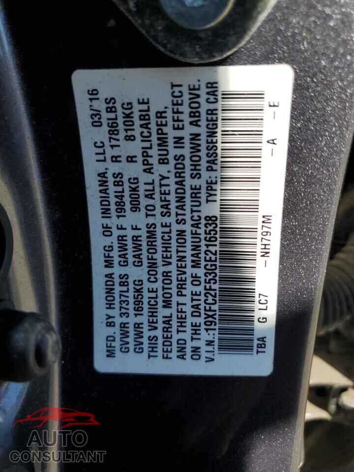 HONDA CIVIC 2016 - 19XFC2F53GE216538