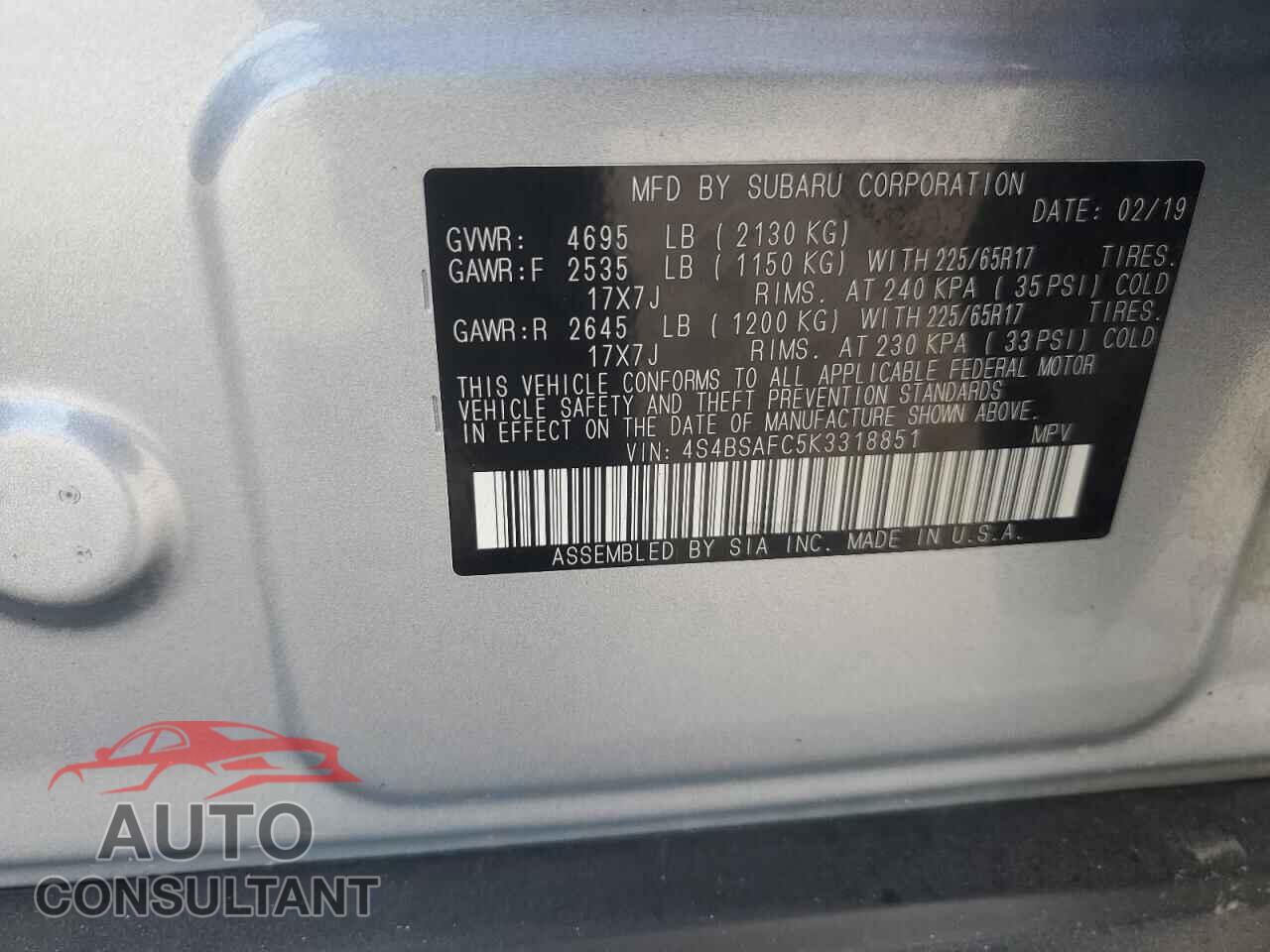 SUBARU OUTBACK 2019 - 4S4BSAFC5K3318851