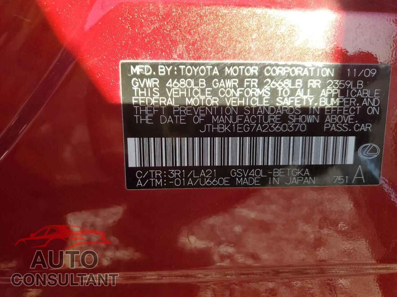 LEXUS ES350 2010 - JTHBK1EG7A2360370