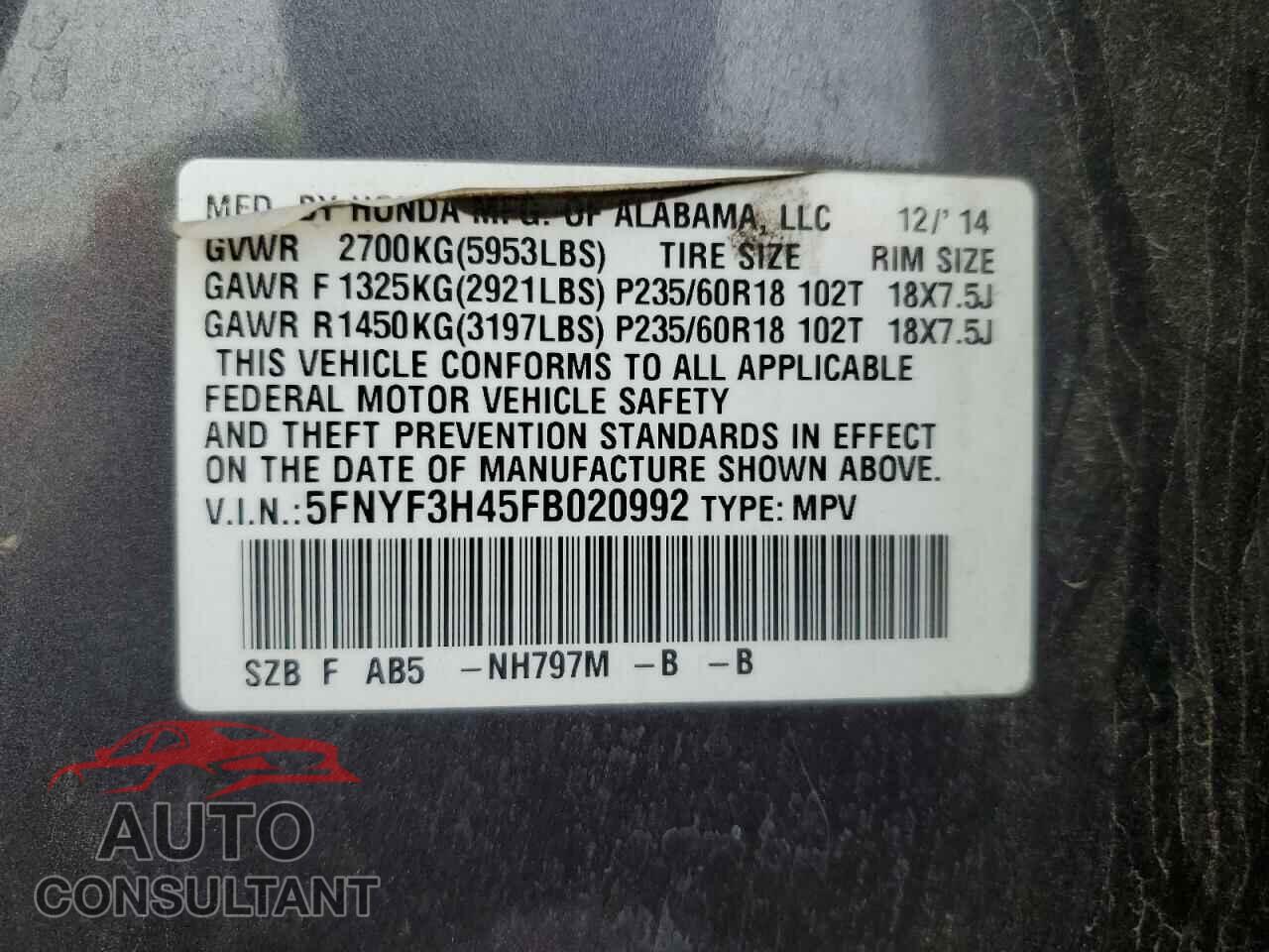 HONDA PILOT 2015 - 5FNYF3H45FB020992