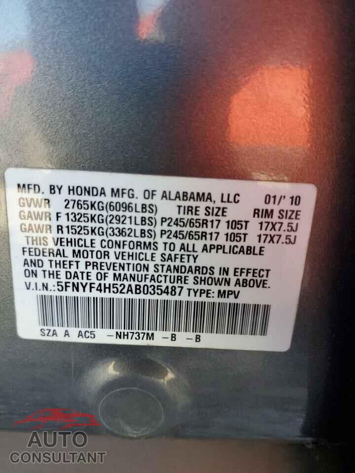 HONDA PILOT 2010 - 5FNYF4H52AB035487